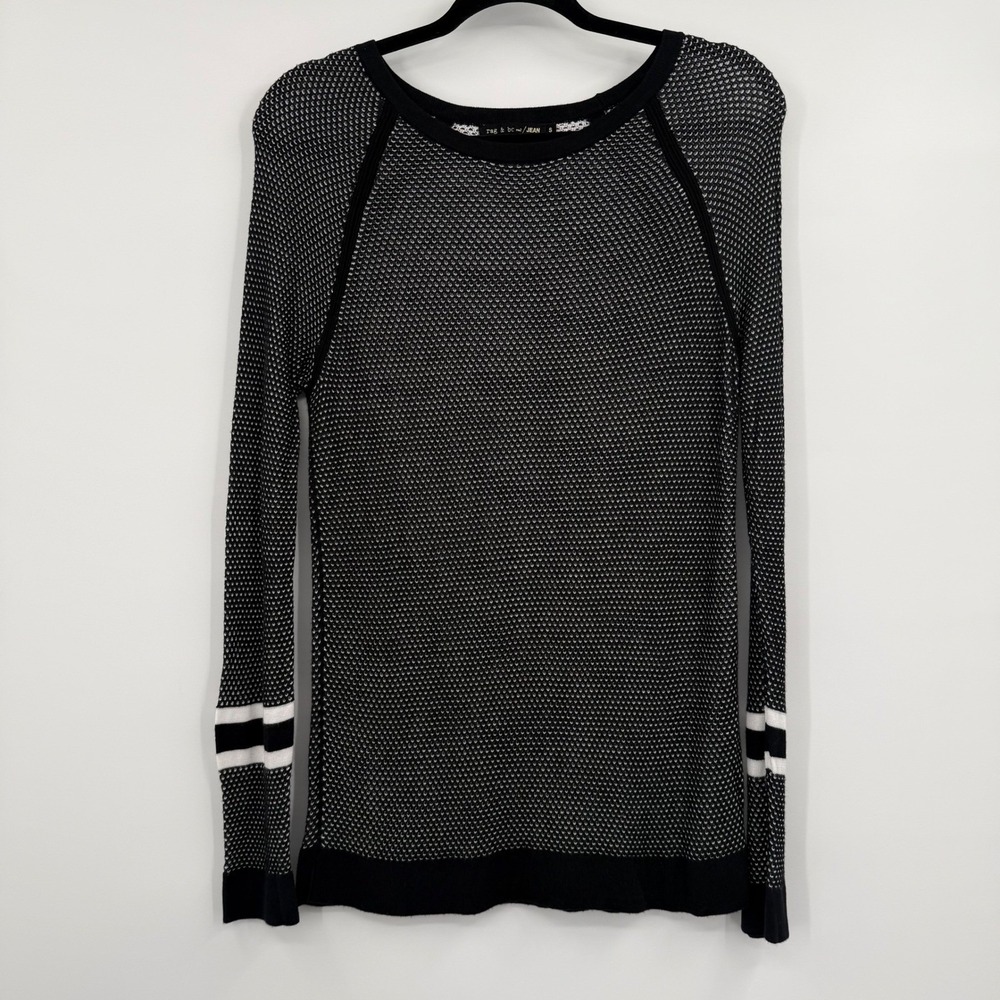 Rag & Bone JEAN Sweater Womens Small Black‎ White Textured Open Knit Raglan